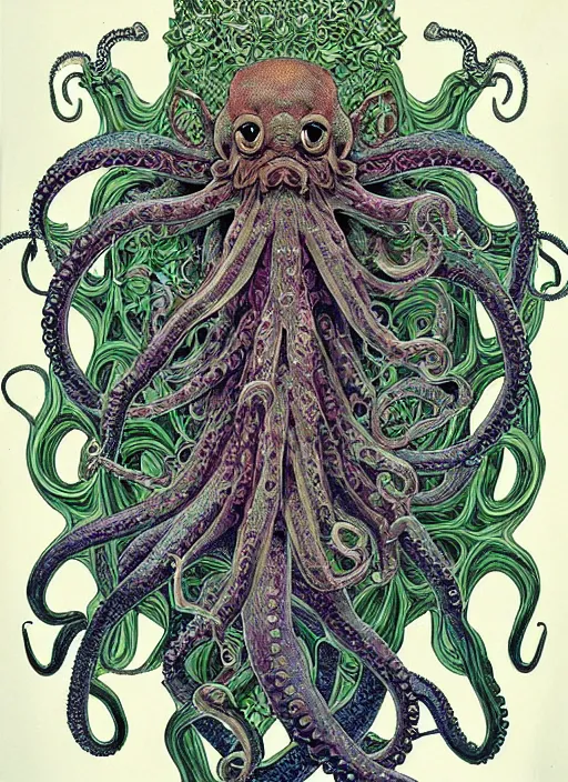 Image similar to octopus fox hybrid, rococo, intricate geometry, rainbow mycelium, basil wolverton, hr giger,