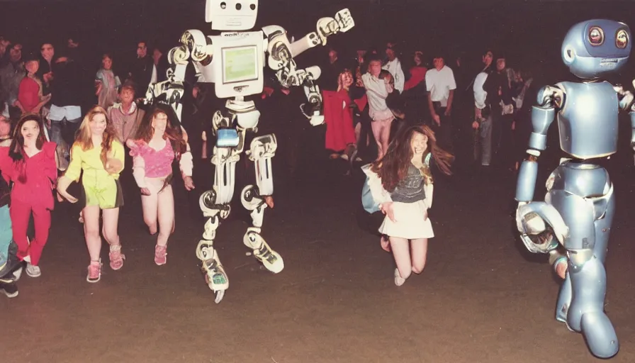 Image similar to 1990s candid photo of a middle school home coming dance with robot warrior rabbits, cinematic, UHD