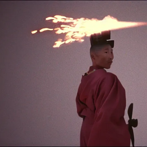 Image similar to cinematic film still Pharrell Williams starring as a Samurai holding fire, Japanese CGI, VFX, 2003, 40mm lens, shallow depth of field,film photography