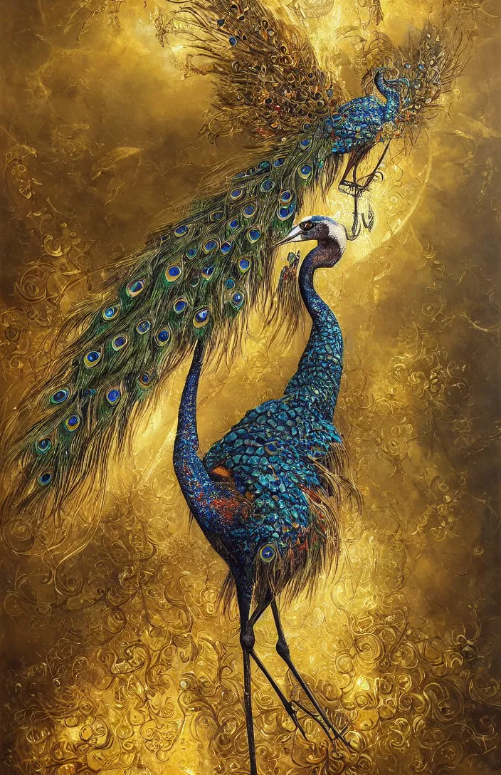 Prompt: a beautiful crane with peacock feathers, golden armor, shining light, gems, god rays by Karol Bak, Ayami Kojima, Amano