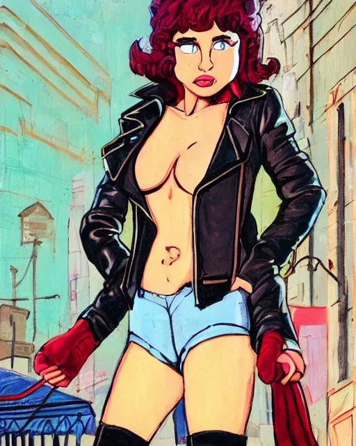 Image similar to young female protagonist in leather jacket, city street, artwork by ralph bakshi