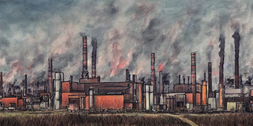 Image similar to a depressing and quite sad painting of a factory with smoke stacks billowing into a sky the color of a tv turned to a dead channel ; highly detailed