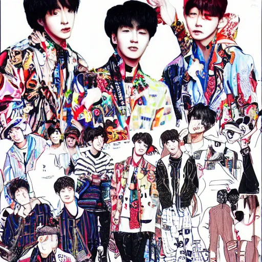Image similar to jung jaehyun, mark lee, johnny suh, foreign swaggers, neo culture technology, art by kim jung gi