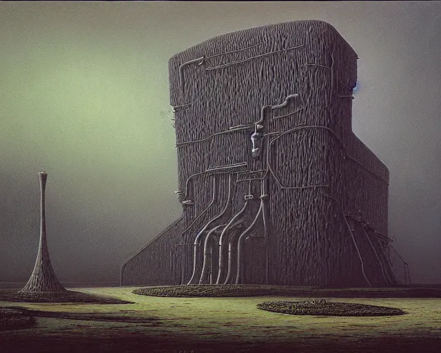 Prompt: Evil factory of dreams, Highly detailed, realistic painting by Zdzisław Beksiński and BEEPLE