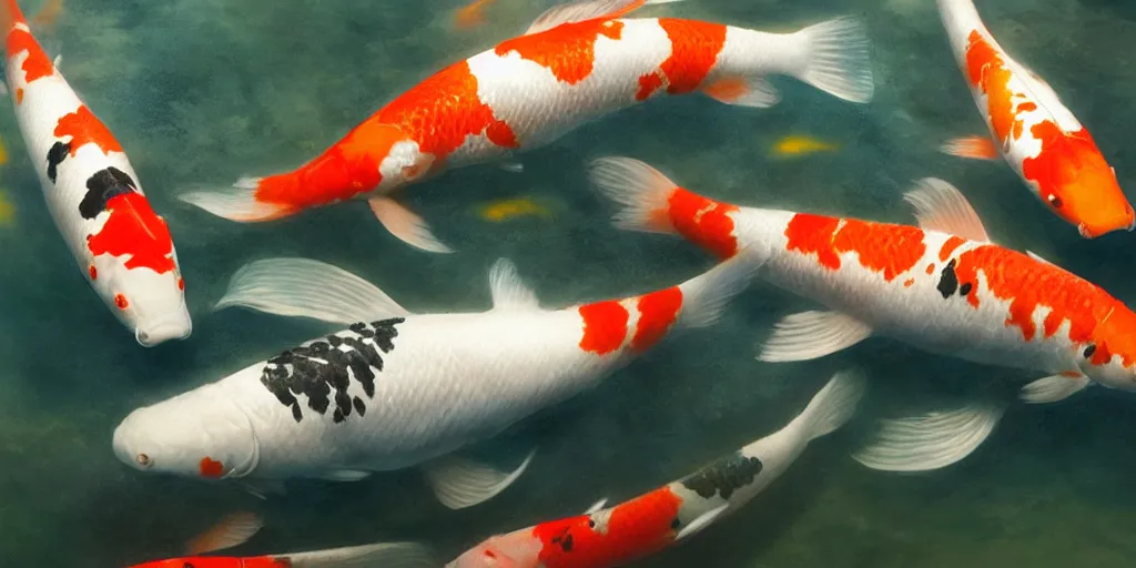 Image similar to koi fish in a pond, dim volumetric lighting, 8 k octane beautifully detailed render, post - processing, extremely hyper - detailed, intricate, epic composition, cinematic lighting, masterpiece, trending on artstation, detailed detailed detailed, stunning art by anders zorn, wonderful masterpiece by greg rutkowski, beautiful cinematic light