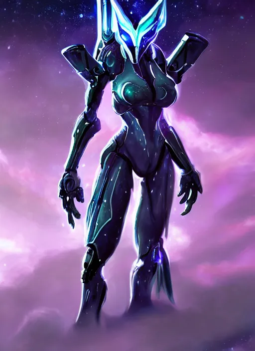 Image similar to detailed cinematic shot, cosmic sized perfectly proportioned stunning beautiful hot female warframe, robot mecha female dragon head, metal ears led eyes, silver armor, fuschia leds, floating in empty space, nebula sized, holding a galaxy, epic proportions, epic size, epic scale, furry art, dragon art, giantess art, warframe fanart, furaffinity, deviantart