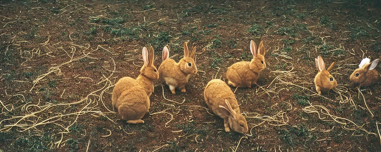 Image similar to rabbits eating spaghetti off the ground, in the style of national geographic, in the style of wes anderson, canon 5 0 mm, kodachrome, retro