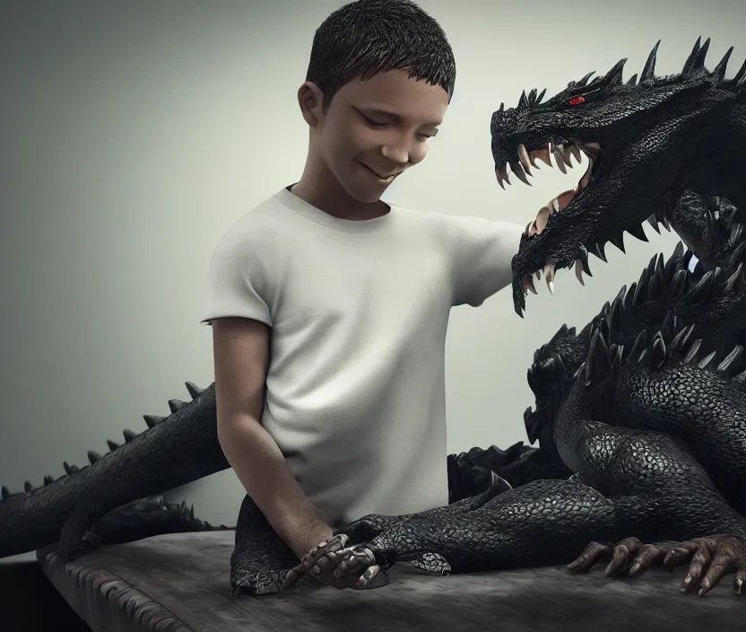 Prompt: Boy petting black dragon, octane render, trending artsation, artwork, cinematic, hyperrealism, high detail, 8k, octane render