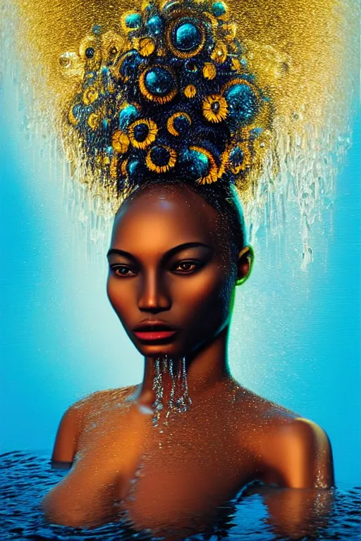 Image similar to hyperrealistic post - futurist cinematic profile very expressive! black oshun goddess, in water! up to shoulders, mirror dripping droplet!, gold flowers, highly detailed face, digital art masterpiece, smooth eric zener cam de leon, dramatic pearlescent turquoise light on one side, low angle uhd 8 k, shallow depth of field