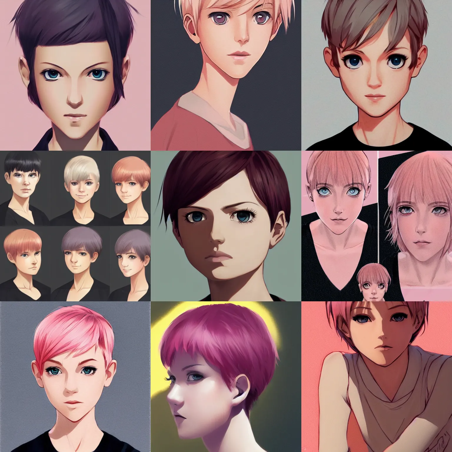 Prompt: full headshot art by phil noto, young female, short pink hair, pixie cut, beautiful face, symmetrical face, beautiful eyes, semi realistic anime, anime! 4 k