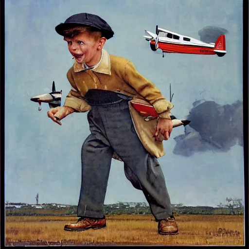 Image similar to a Norman Rockwell painting of a boy and his small airplane