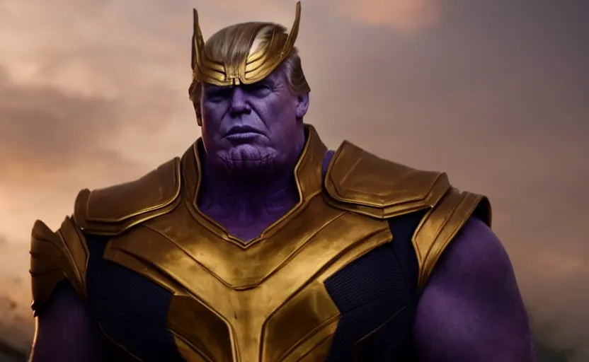 Prompt: donald trump wearing thanos armour, hd, 4 k photo