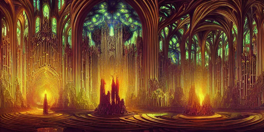 Image similar to Energetic gothic organ made of mushrooms portrait, Art Deco nature, fantasy, intricate art deco mushroom designs, elegant multidimensional cathedral of plants, prismatic fractal chandeliers, highly detailed fractals, sharp focus, art by Artgerm and beeple and Greg Rutkowski and WLOP