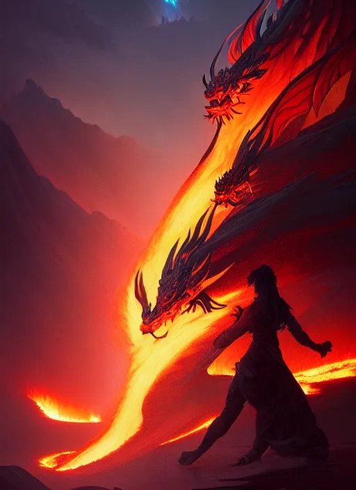 Image similar to Fire Dragon, Volcano landscape, fantasy magic, dark light night, sharp focus, illustration, highly detailed, digital painting, concept art, matte, art by WLOP and Artgerm and Greg Rutkowski and Alphonse Mucha