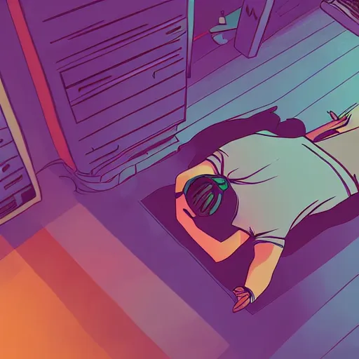 Image similar to aerial view photo of a guy laying on the floor of his bedroom looking at the camera, synthwave colors, computer, cell phone, video games, tv, knick knacks, faded effect, scribble anime, light, bright, no shadows