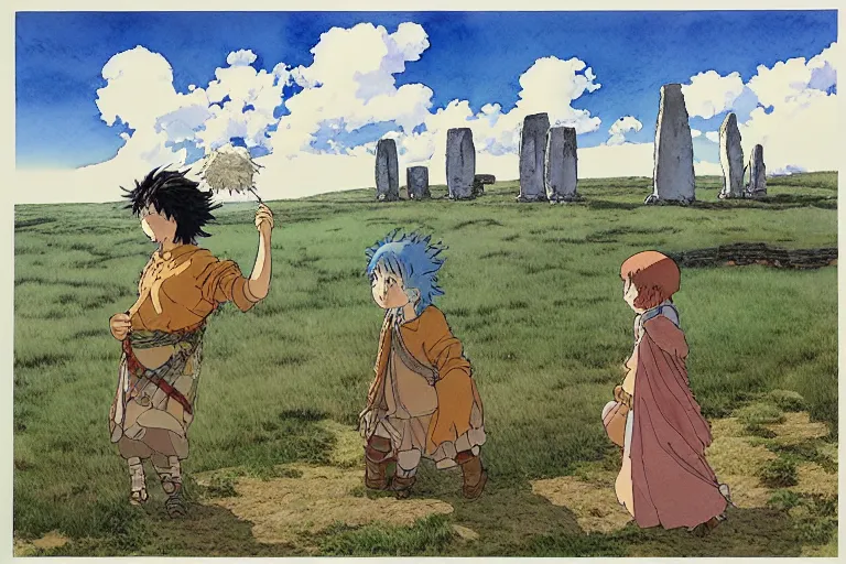 Prompt: a hyperrealist studio ghibli watercolor fantasy concept art. in the foreground is a giant hand coming down from the sky holding a stone. in the background is stonehenge. by rebecca guay, michael kaluta, charles vess