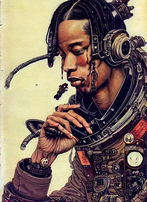 Prompt: a beautiful ukiyo painting of travis scott as a dieselpunk battle space pilot, wearing space techwear, detailed close up portrait, intricate complexity, concept art, by takato yamamoto, wlop, krenz cushart. cinematic dramatic atmosphere, sharp focus