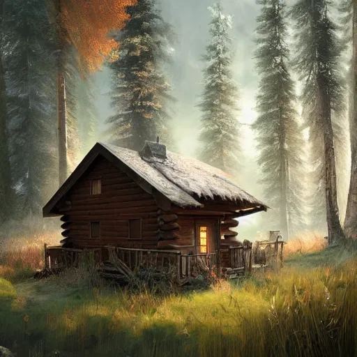 Prompt: a cabin in the woods by Klaus Wittmann