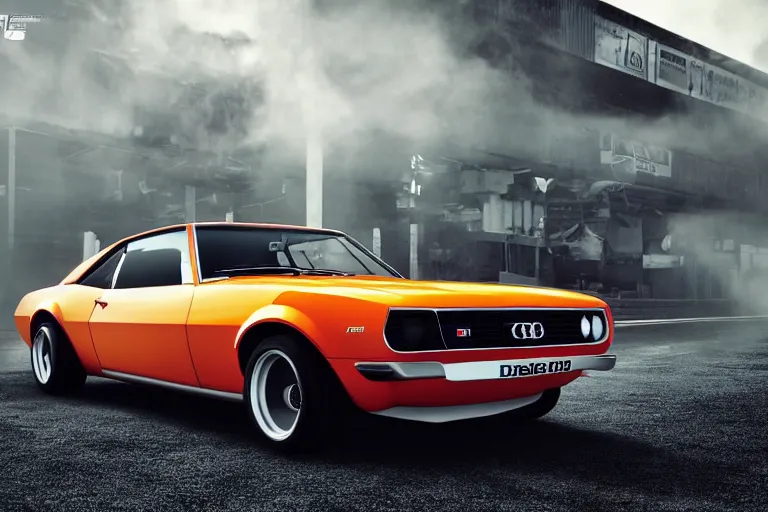 Image similar to audi camaro b 1 ( 1 9 6 9 ) drifting, need for speed : carbon, neon lines, japanese temple multistorey car park, ultra phonk, phonk music background, smoke behind wheels, noise, dark, establishing shot