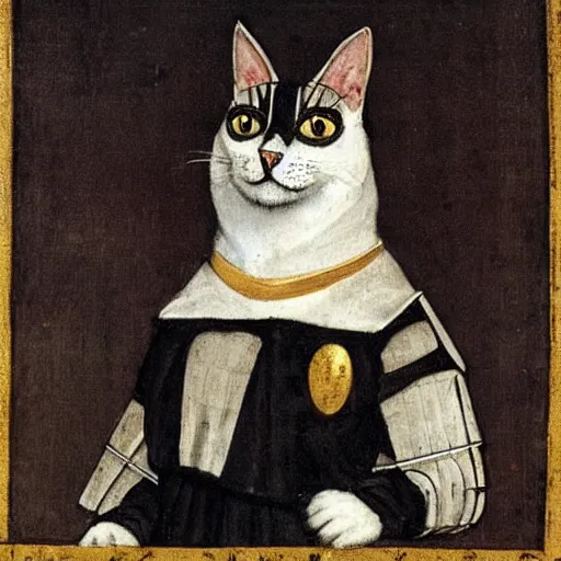 Image similar to medieval portrait of a black and white cat dressed as a knight, in the style of eugene de blaas