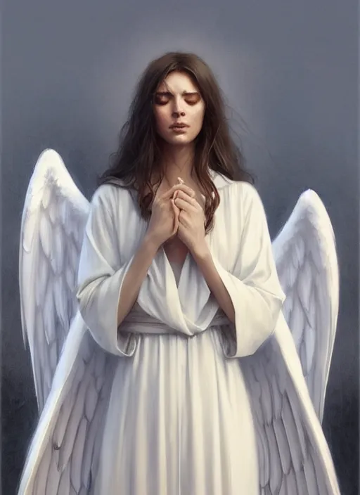 Image similar to angel in white robes. realistic shaded lighting poster by greg rutkowski, magali villeneuve, artgerm, jeremy lipkin and michael garmash, rob rey and kentaro miura style, trending on art station