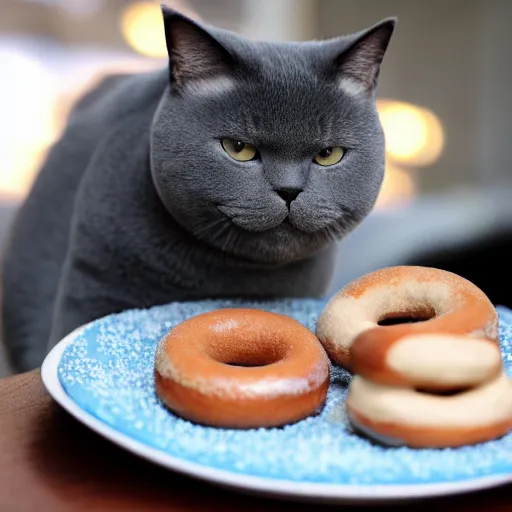 Prompt: a blue british shorthair cat eating a donut, photo,