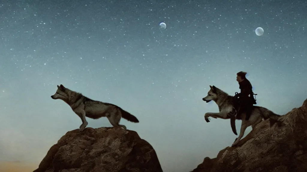 Image similar to epic cinematic shot of david bowie riding a (wolf) at night on a cliff with the moon in the background;