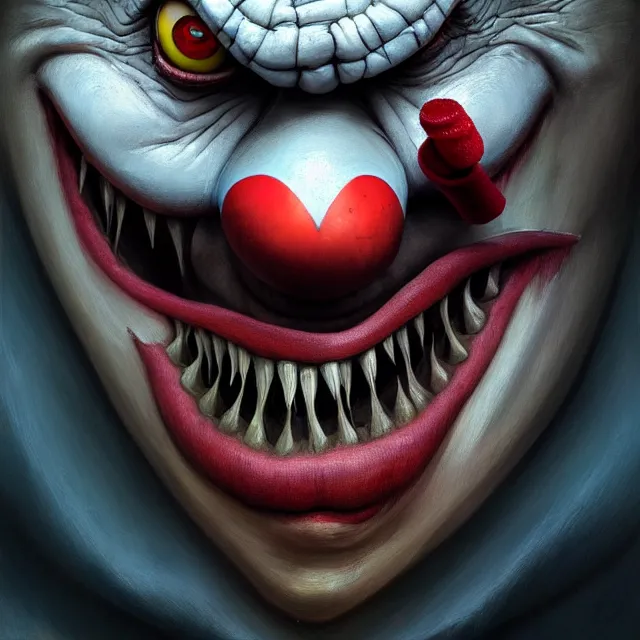 Prompt: gediminas pranckevicius | close up portrait of a evil clown with sharp teeth in the sinister valley of despair, one mouth, one nose, two eyes, oil painting by tomasz jedruszek, cinematic lighting, pen and ink, intricate line, hd, 4 k, million of likes, trending on artstation