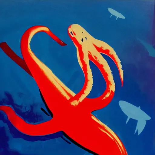 Image similar to A giant squid destroying a cruise ship in the middle of the ocean, oil painting by Andy Warhol