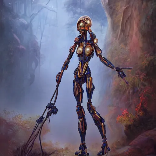 Prompt: a humanoid rock robot holding a staff, 8 k, hyperrealistic, druid, hyperdetailed, fantasy portrait by laura sava