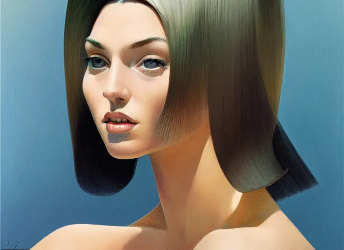 Image similar to beautiful american girl, portrait, high fashion, futurism, aerodynamic, face closeup, oriental, intricate, slick, highly detailed, digital painting, vogue, concept art, smooth, sharp focus, hd, art by jean giraud and syd mead and annie leibovitz