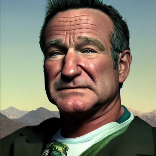 Image similar to Portrait of a Robin Williams in GTA V , art by Albert Bierstadt and James Gurney, highly detailed, digital painting, matte painting, concept art, illustration, oppressive lighting, trending on artstation, very detailed