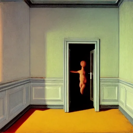 Image similar to a lonely figure in an haunted hotel abandoned room, hyperrealistic film still by edward hopper, by gottfried helnwein, by klimt, by paolo uccello, art noveau, highly detailed, strong lights, liminal, eerie, metaphysical, bright pastel colors,