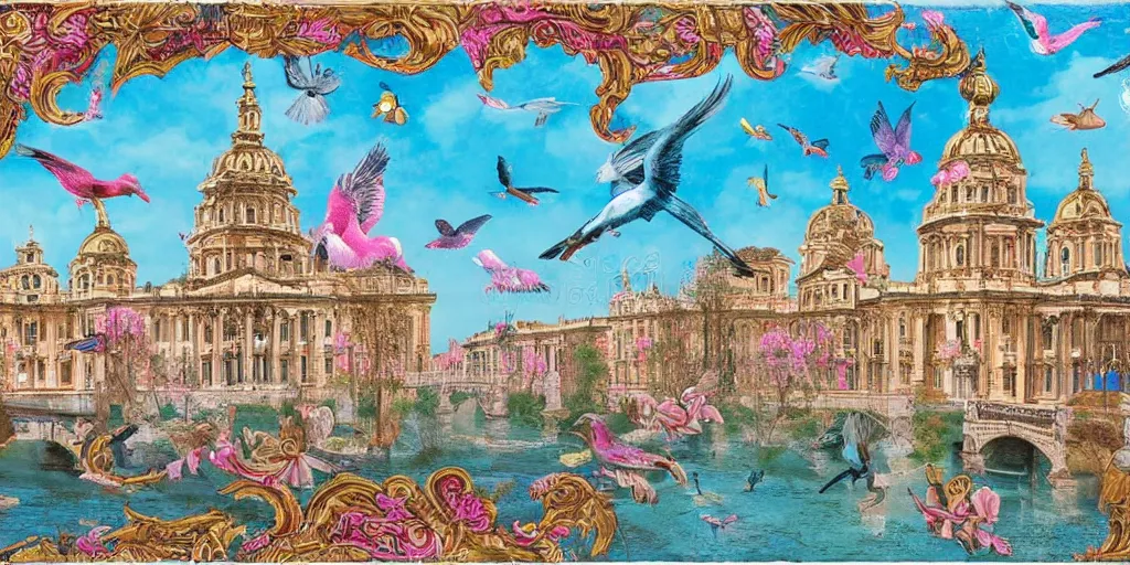 Prompt: a stand-alone building along a river, seen from the long distance. people walking on a bridge. maximalist mixed paper and baroque embroidery fabric collage. huge flamish baroque birds flying. childrenbook illustration in vibrant pastel tones. matte background. HD 8x