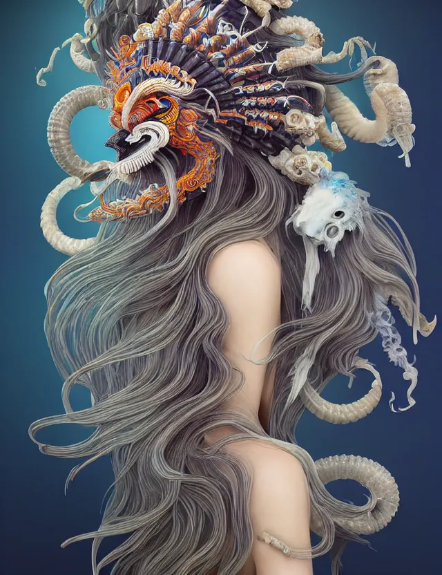 Image similar to 3 d slvic goddess half - turn portrait with long hair with ram skull. beautiful intricately detailed japanese crow kitsune mask and clasical japanese kimono. betta fish, jellyfish phoenix, bio luminescent, plasma, ice, water, wind, creature, artwork by tooth wu and wlop and beeple and greg rutkowski