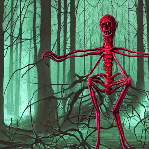 Image similar to ultra realisic creepy long leg monster cover of roten flowers in a dark forest at midnight