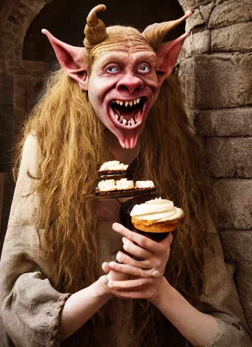 Image similar to closeup portrait of a medieval goblin eating cakes in the cloisters, depth of field, zeiss lens, detailed, symmetrical, centered, fashion photoshoot, by Annie Leibovitz and Steve McCurry, David Lazar, Jimmy Nelsson, Breathtaking, 8k resolution, extremely detailed, beautiful, establishing shot, artistic, hyperrealistic, beautiful face, octane render