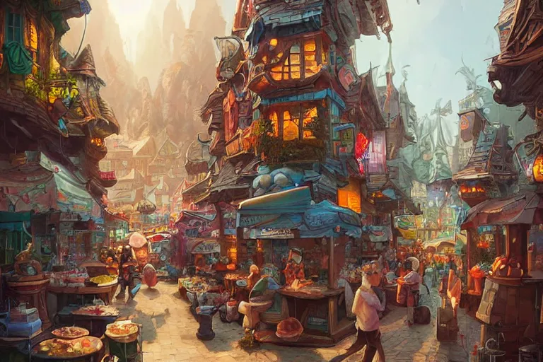 Prompt: bustling alien market cozy fantasy village street view by artgerm and Craig Mullins, James Jean, Andrey Ryabovichev, Mark Simonetti and Peter Morbacher 16k