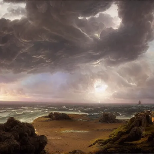 Image similar to Panorama view of a hurricane carrying ruined pieces from an ancient castle into the sky, flying island, oil painting, by Greg Rutkowski