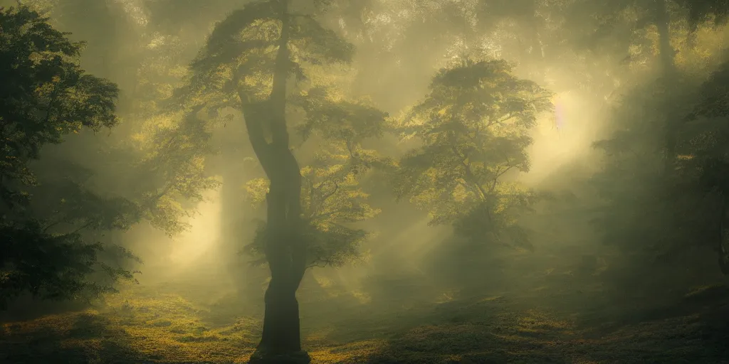 Image similar to i, a detailed Japanese torii in the morning mist, sunshine, 8k, high definition, trending on artstation