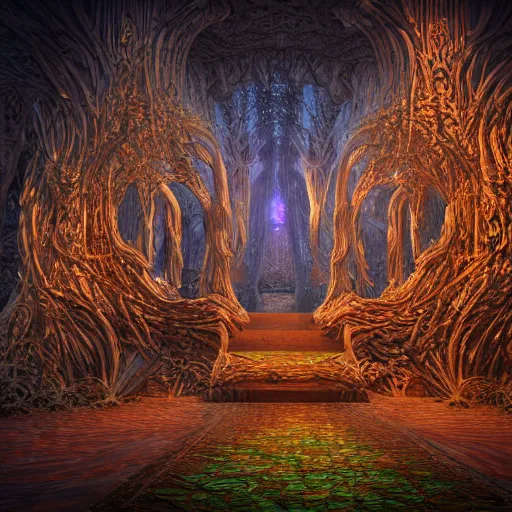 Image similar to Photorealistic magic elven temple made of intricately woven birch woodwork. Hyperdetailed photorealism, 108 megapixels, amazing depth, glowing rich colors, powerful imagery, psychedelic Overtones, 3D finalrender, 3d shading, cinematic lighting, artstation concept art