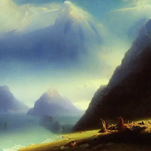 Prompt: a dramatic mountainous landscape matte painting by Ivan Aivazovsky