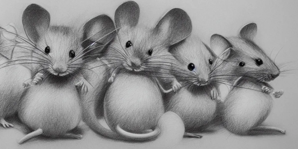 Image similar to a beautiful pencil drawing of five cartoon mice; masterpiece; extremely highly detailed; ultra realistic; trending on artstation