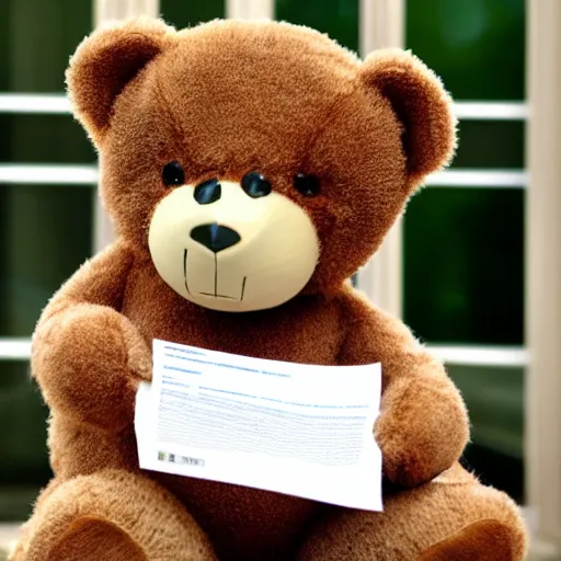 Prompt: teddy bear looking at his termination letter, screaming at it in silence,