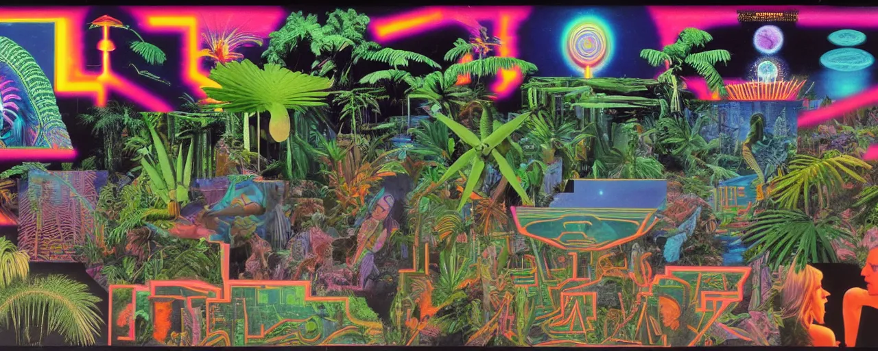 Image similar to 1978 cut out collage, science fiction movie set, neon aztec, break of dawn on Jupiter, epic theater , tropical ambience, ancient fern, electro schematics, film noir, in part by Alex Grey, part by Hale Woodruff