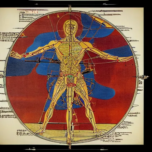 Prompt: a brilliantly colored scroll of an exploded diagram of a detailed engineering schematic of a cyborg samurai in the pose vitruvian man in the style of jean giraud