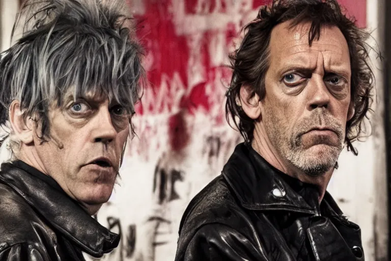 Image similar to promotional image of hugh laurie as a british punk rocker in a new movie, leather clothes, heavy makeup, detailed face, movie still frame, promotional image, imax 70 mm footage