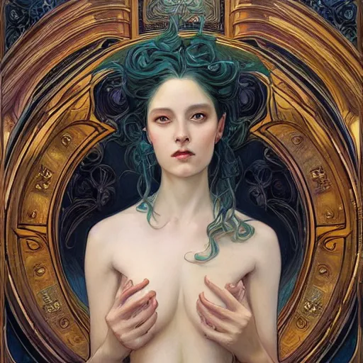 Prompt: an art nouveau painting in the style of donato giancola, and in the style of charlie bowater, and in the style of lulu chen. symmetry, smooth, sharp focus, semi - realism, intricate detail.