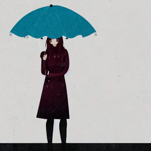 Prompt: illustration of a woman standing in the rain with an umbrella, cute, somber, high resolution, 8k, full body, artstation