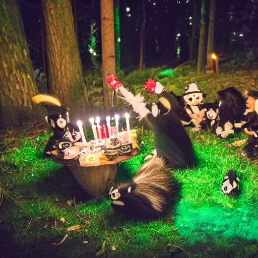 Prompt: photo of skunk birthday party in the woods at night